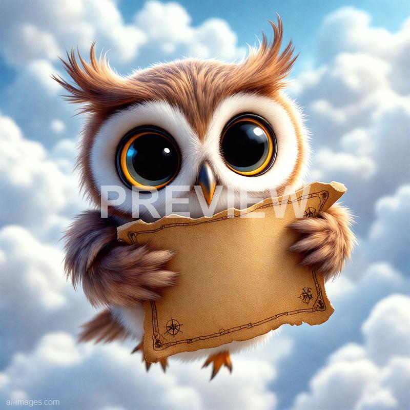An adorable, animated owl with large, expressive eyes and fluffy feathers is flying against a backdrop of a bright blue sky filled with soft, white clouds. The owl appears to be holding a torn piece of parchment or map, suggesting a sense of adventure or exploration. Its feathers are detailed with shades of brown and white, and the overall scene has a whimsical, cartoon-like quality.